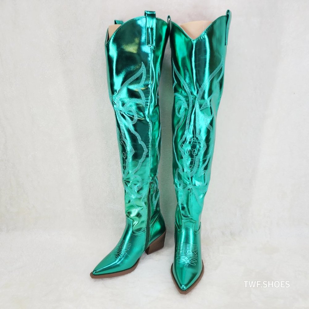 Country Disco Cowboy Metallic Green Western Cowgirl OTK Thigh Boots New - Picture 6 of 15